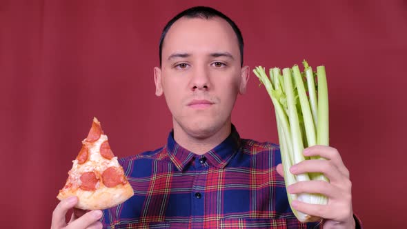 Man Choosing Healthy or Unhealthy Food. Diet Weight Loss Healthcare Concept. alt