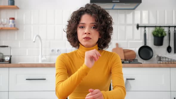 Webcam View Thoughtful Businesswoman Thinks Listens Online Video Call Laptop alt