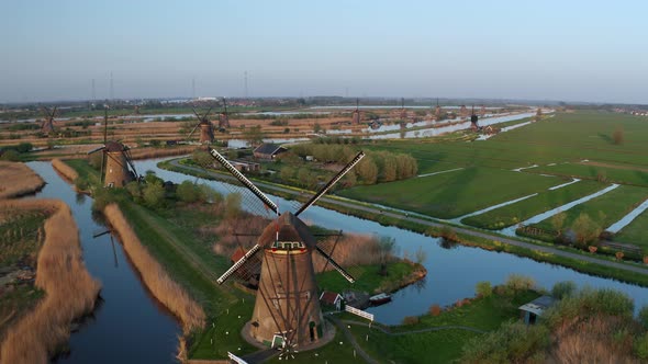 Aerial View of Windmills in the Kinderdijk Area During Sunset. Spring in Holland