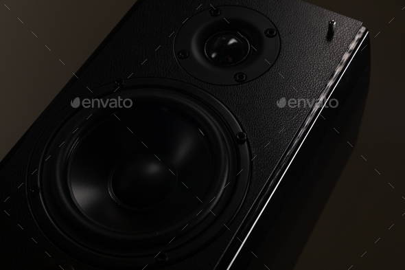 huge multimedia speaker audio monitor on a dark background close-up with a large speaker