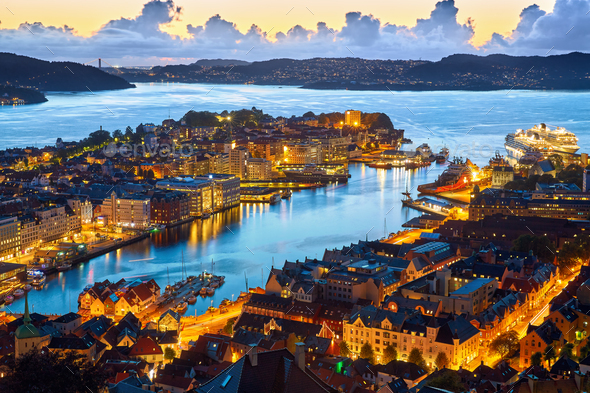 Old city Bergen at sunset - Stock Photo - Images