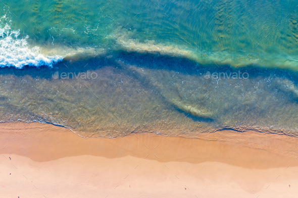 Top View Surface In Tropical Sea Water Wave On Beach Sand Sunset Beach 