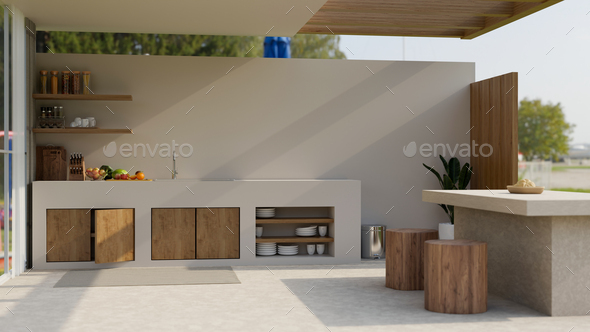 Modern outdoor kitchen exterior design in wood and cement material with kitchen island
