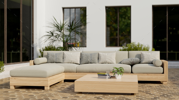 Modern contemporary home outdoor lounge or relaxing area with comfortable couch, plants
