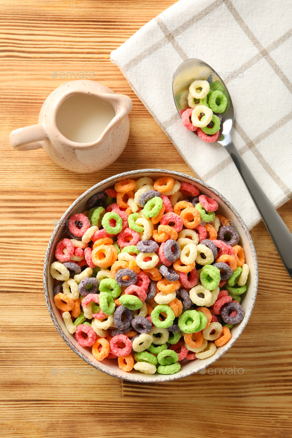 Concept of breakfast food, colorful corn flakes, top view Stock Photo