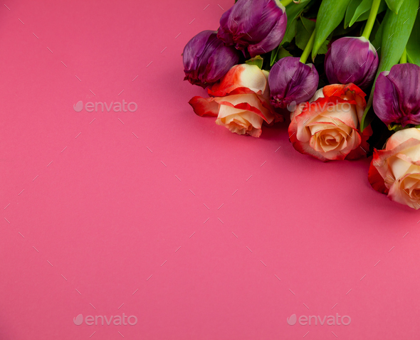 Bouquet Of Roses And Tulips On Pink Background Layout For A Greeting Card Spring Concept