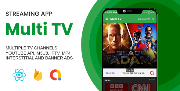 Multi TV Live Streaming App with IPTV, m3u8 & Youtube Player (admob & facebook ads)
