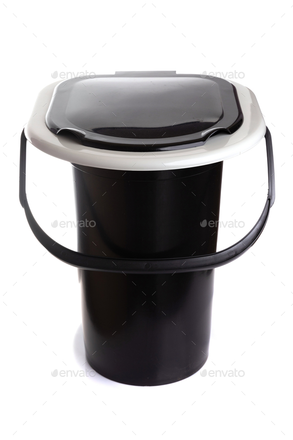 portable plastic bucket toilet bowl with lid and handle on a white