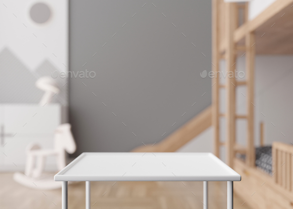 Empty white table top and blurred kids room interior on the background.  Copy space for your object Stock Photo by kasiopeja999