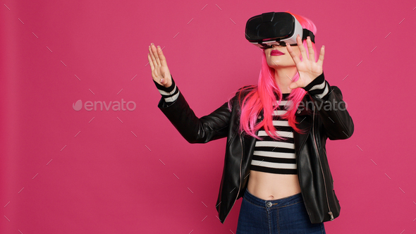 Modern stylish girl using vr glasses with augmented reality
