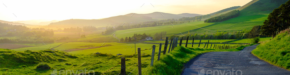 Panorama Of A Rural Road In Scotland At Sunset - Stock Photo - Images