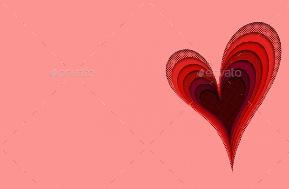 Heart in all shades of red color on light pink background