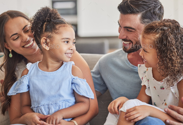 Family, smile and love of children for their mom and dad while sitting ...