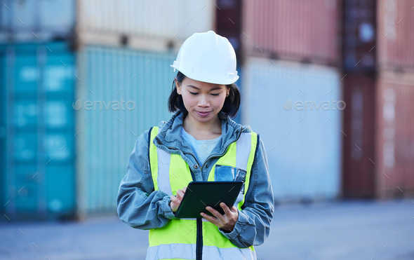 Shipping, container and logistics management by woman on digital tablet stock and cargo checklist s