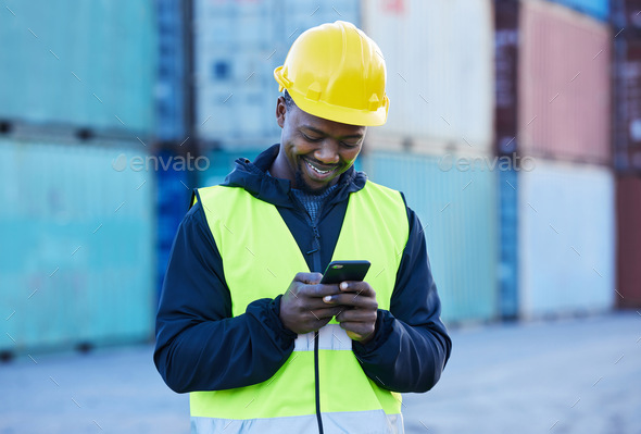 Social media, logistics and employee working in shipping typing on a mobile app with phone at a por