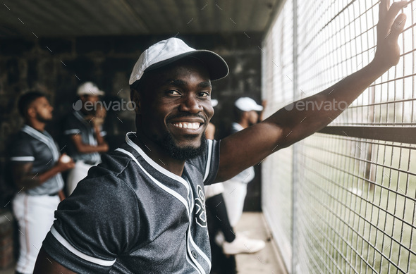 Baseball, training and portrait of coach in dugout, smile, relax and happy about sports vision, goa