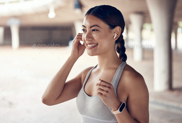 Music, happy and motivation woman training for fitness with audio podcast in the city of Australia.