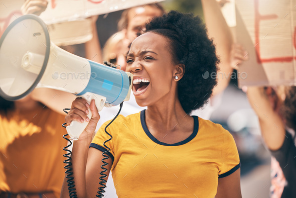 Protest, megaphone and speech of angry black woman at rally. Loudspeaker, revolution and speaking, - Stock Photo - Images