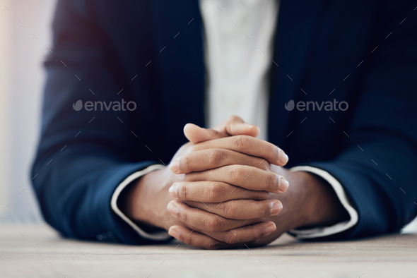 Hands, businessman and ready for company job interview with human resources manager, recruitment ag