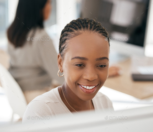 Black woman, business or reading computer data in digital marketing, advertising startup or logo de