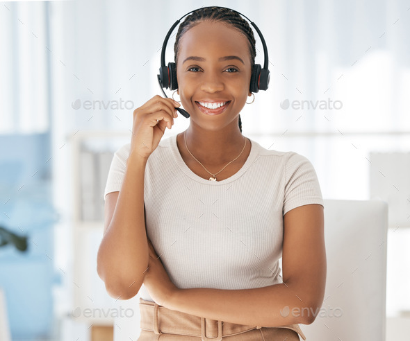 Contact us customer support, black woman and web help worker on an office phone consultation. Portr