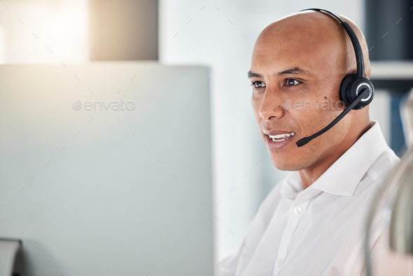 Contact us, customer support and call center man consulting. advice and help with computer and head