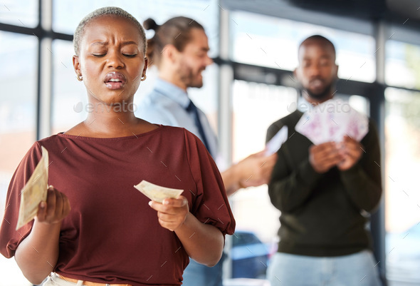 Black woman, unequal pay and confused by wages, paycheck and quote in office, frustrated and annoye - Stock Photo - Images