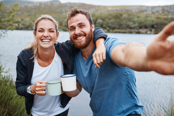 Happy, couple and smile for travel selfie, coffee or journey together in the countryside outdoors.