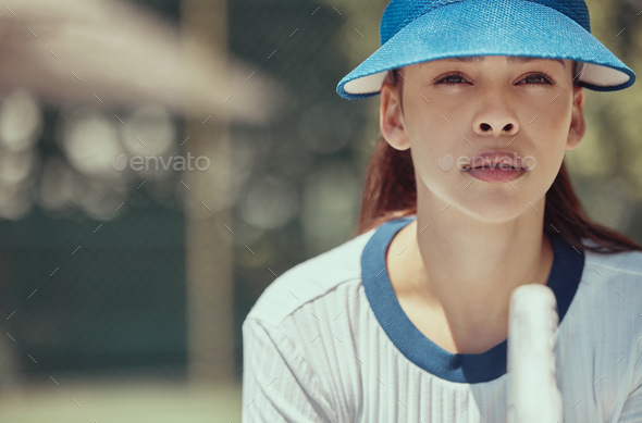 Tennis player face, fitness and woman athlete on playing sports, match or games with tennis racket