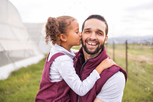 Farm, father and child kiss dad cheek for bonding and affection on sustainable farming land. Parent