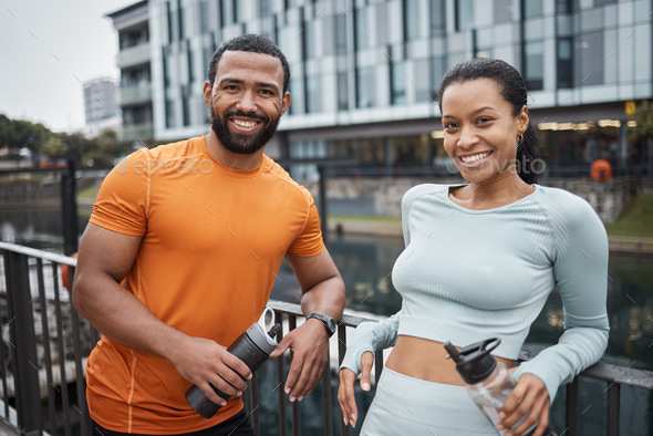 Fitness, water bottle and black couple toast outdoors together