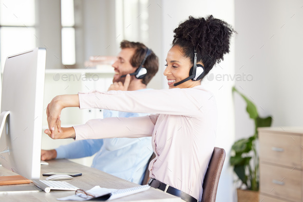 Black woman, call center and stretching at desk with smile for work in contact us, customer service