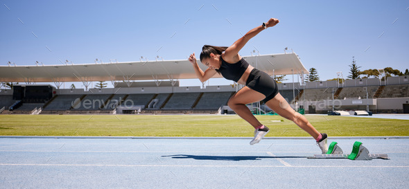 Fitness, start and running with woman in stadium for sports, training and marathon on race track. F