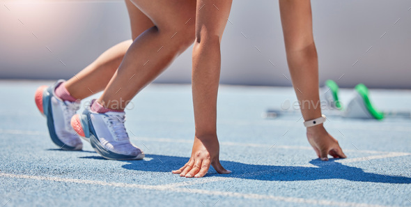 Start, track race and legs of runner, woman or athlete ready for fitness running, sprint training o