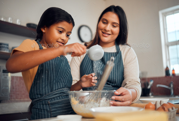 Help, learning and cooking food with mother in kitchen for lesson ...