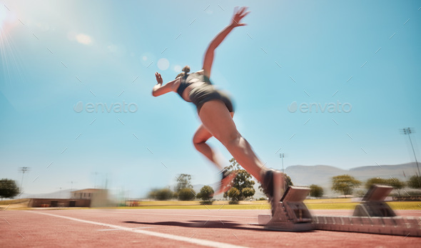 Speed track start and woman running for marathon race workout