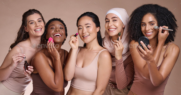 Women group, makeup studio or diversity portrait for skincare, beauty or  smile for happiness. Happy Stock Photo by YuriArcursPeopleimages
