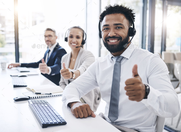 Thumbs up, call center staff and contact us with success in the workplace, diversity and crm in cus