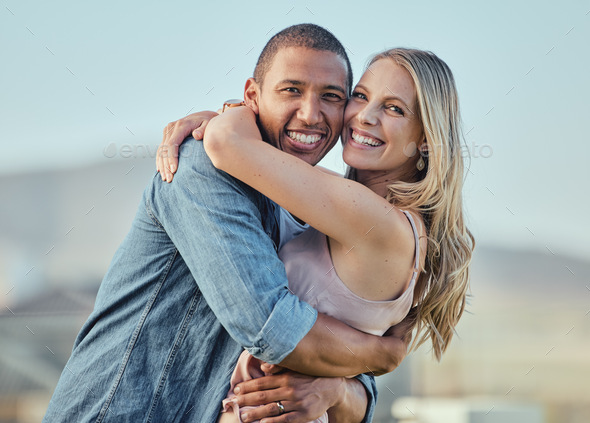 Happy Interracial Couple Hug And Portrait Smile For Relationship