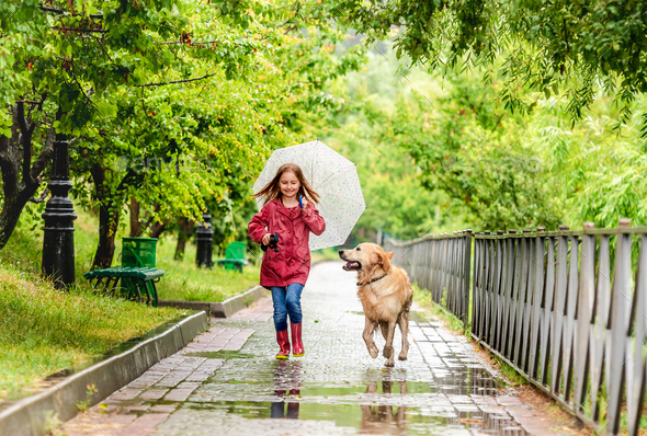 Little girl walking under rain with dog Stock Photo by tan4ikk | PhotoDune