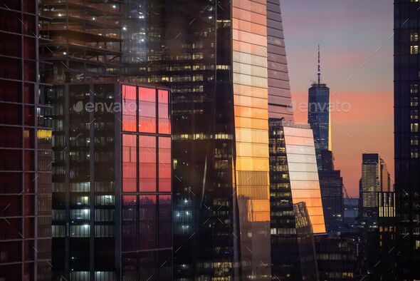 Picturesque sunset over Hudson Yards with a trade center in the distance