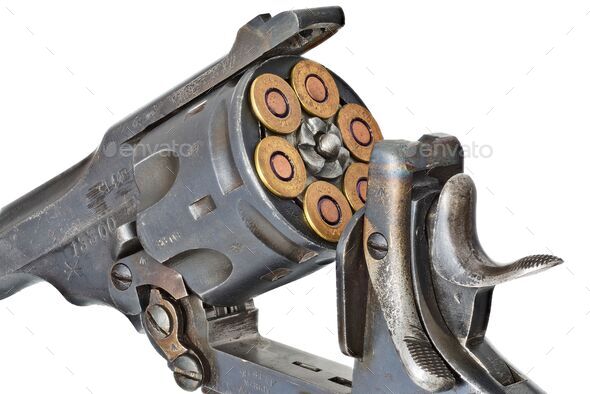 Closeup shot of a revolver of a firearm isolated on the white background