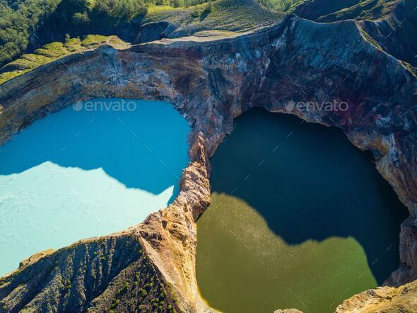 Aerial view of the Kelimutu volcano and its crater lakes, Flores, Indonesia - Stock Photo - Images