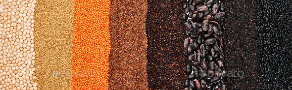 panoramic shot of black beans, rice, quinoa, red lentil, buckwheat and chickpea