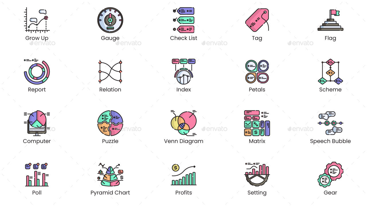 Infographic and Chart Flat Outline Icons, Icons | GraphicRiver