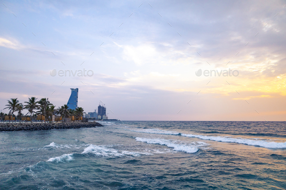 Jeddah beach Saudi Arabia - Sunset Red Sea corniche View , Waterfront - Stock Photo - Images