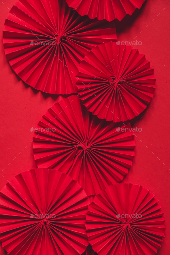 Chinese New Year .Decor pattern fan on red background. Red paper fans .Lunar New Year banner templa