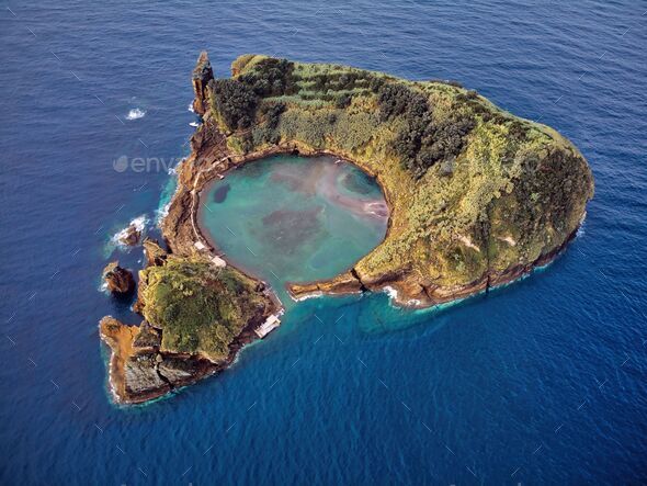 View of the Vila Franca Islet, an uninhabited islet in the Portuguese ...