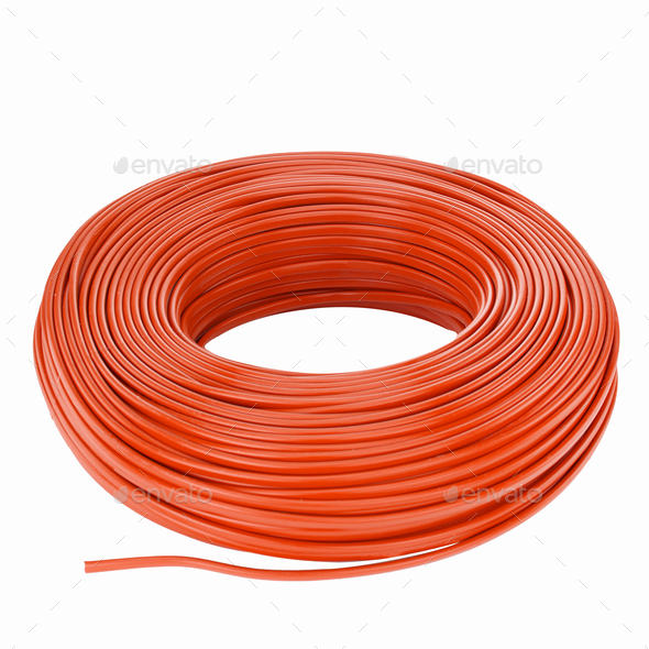 Closeup of an orange underfloor heating cable system on a white background