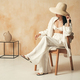 Unrecognizable luxurious lady on chair in hat sitting on background with textured copy space wall - PhotoDune Item for Sale